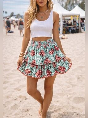 Boho Tiered Mini Skirt XS Ruffles Crochet Cottagecore Festival Hippie Chic Beach